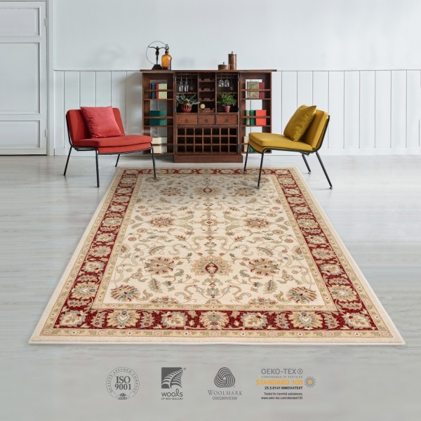 Orientalischer Kurzflor Wollteppich Creme Rot fr Wohnzimmer, Schlafzimmer